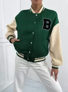 SHEIN Unity Cazadora de universidad con parche de letra ribete de rayas de hombros caídos - Multicolor - Ver 4