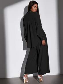 SHEIN Essnce Elegant Vlak Dames tweedelige outfits Hoog Laag Zak Voorpand met Knoopjes