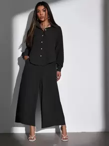 SHEIN Essnce Elegant Vlak Dames tweedelige outfits Hoog Laag Zak Voorpand met Knoopjes