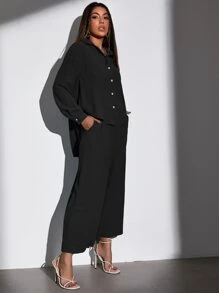 SHEIN Essnce Elegant Vlak Dames tweedelige outfits Hoog Laag Zak Voorpand met Knoopjes