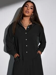 SHEIN Essnce Elegant Vlak Dames tweedelige outfits Hoog Laag Zak Voorpand met Knoopjes