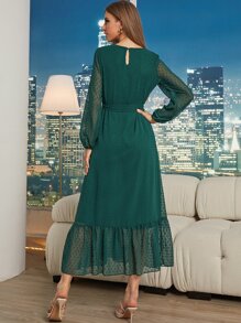 Modelyn 圓點燈籠袖荷葉邊繫腰帶連衣裙 - 墨綠色 - 查看 2