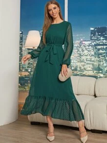 Modelyn 圓點燈籠袖荷葉邊繫腰帶連衣裙 - 墨綠色 - 查看 3