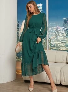 Modelyn 圓點燈籠袖荷葉邊繫腰帶連衣裙 - 墨綠色 - 查看 5