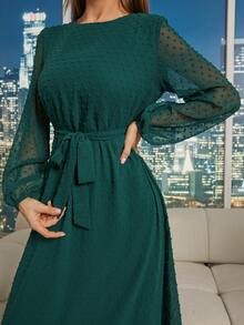 Modelyn 圓點燈籠袖荷葉邊繫腰帶連衣裙 - 墨綠色 - 查看 6