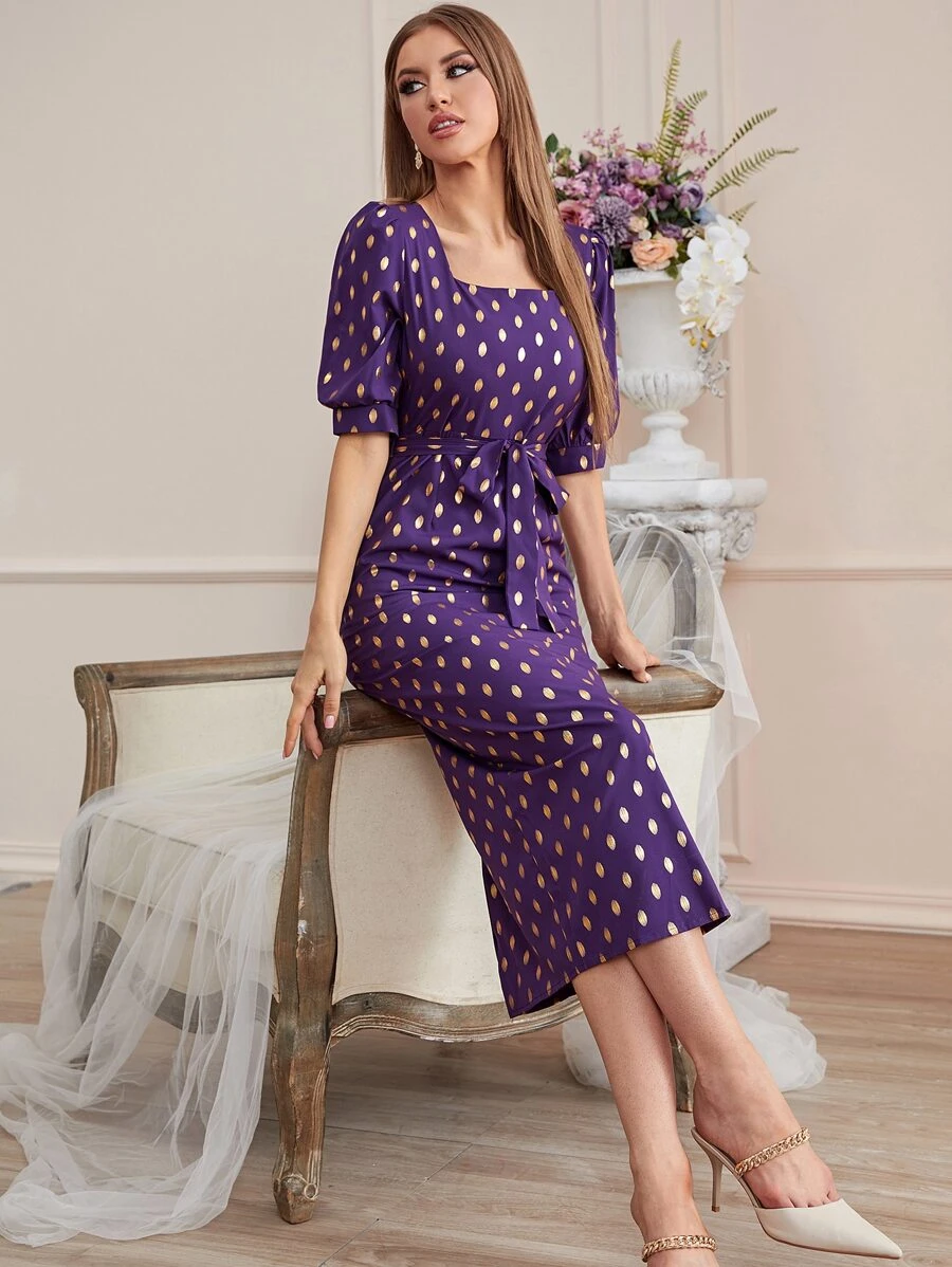 Modelyn Gold Dot Print Square Neck Belted Dress - Purple - View 1