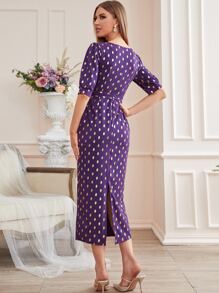 Modelyn Gold Dot Print Square Neck Belted Dress - Purple - View 2