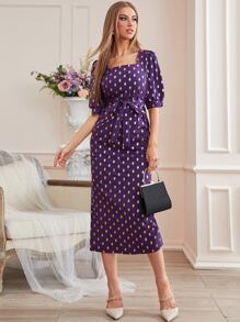 Modelyn Gold Dot Print Square Neck Belted Dress - Purple - View 5