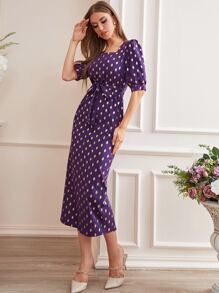 Modelyn Gold Dot Print Square Neck Belted Dress - Purple - View 6