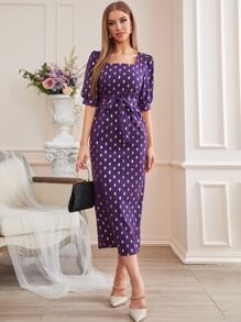 Modelyn Gold Dot Print Square Neck Belted Dress - Purple - View 7