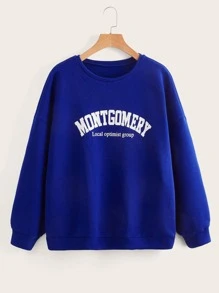 Plus Letter Graphic Drop Shoulder Sweatshirt - Royal Blue - View 1