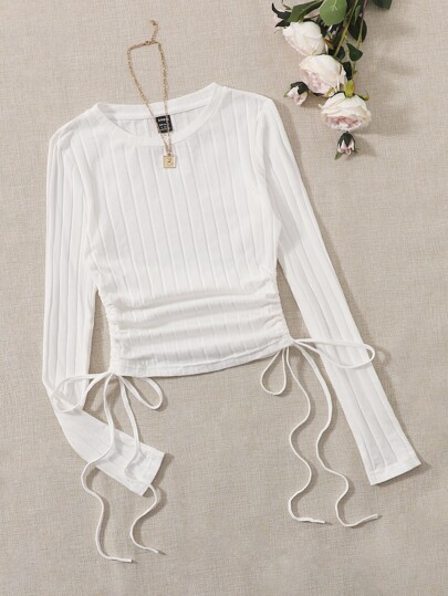 SHEIN EZwear T-shirt à cordon à ruché côtelé