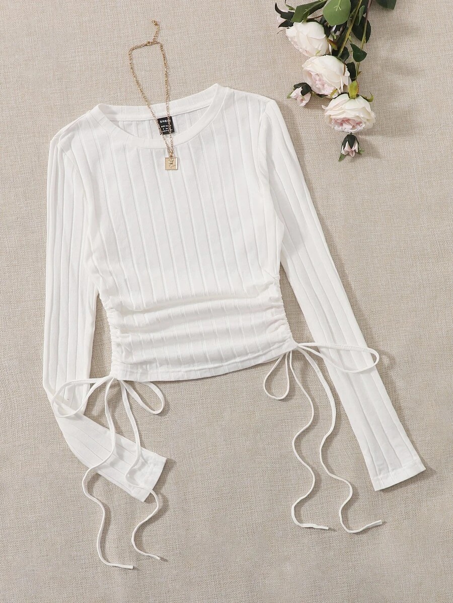 SHEIN EZwear 側抽繩褶邊條紋針織T恤 - 白色 - 查看 1