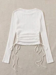 SHEIN EZwear 側抽繩褶邊條紋針織T恤 - 白色 - 查看 2