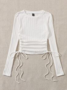 SHEIN EZwear 側抽繩褶邊條紋針織T恤 - 白色 - 查看 3