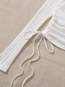 SHEIN EZwear 側抽繩褶邊條紋針織T恤 - 白色 - 查看 4