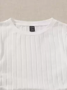 SHEIN EZwear 側抽繩褶邊條紋針織T恤 - 白色 - 查看 5