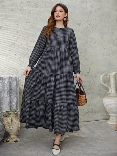 Mulvari 格纹主教袖荷叶边下摆罩衫端庄长袖连衣裙