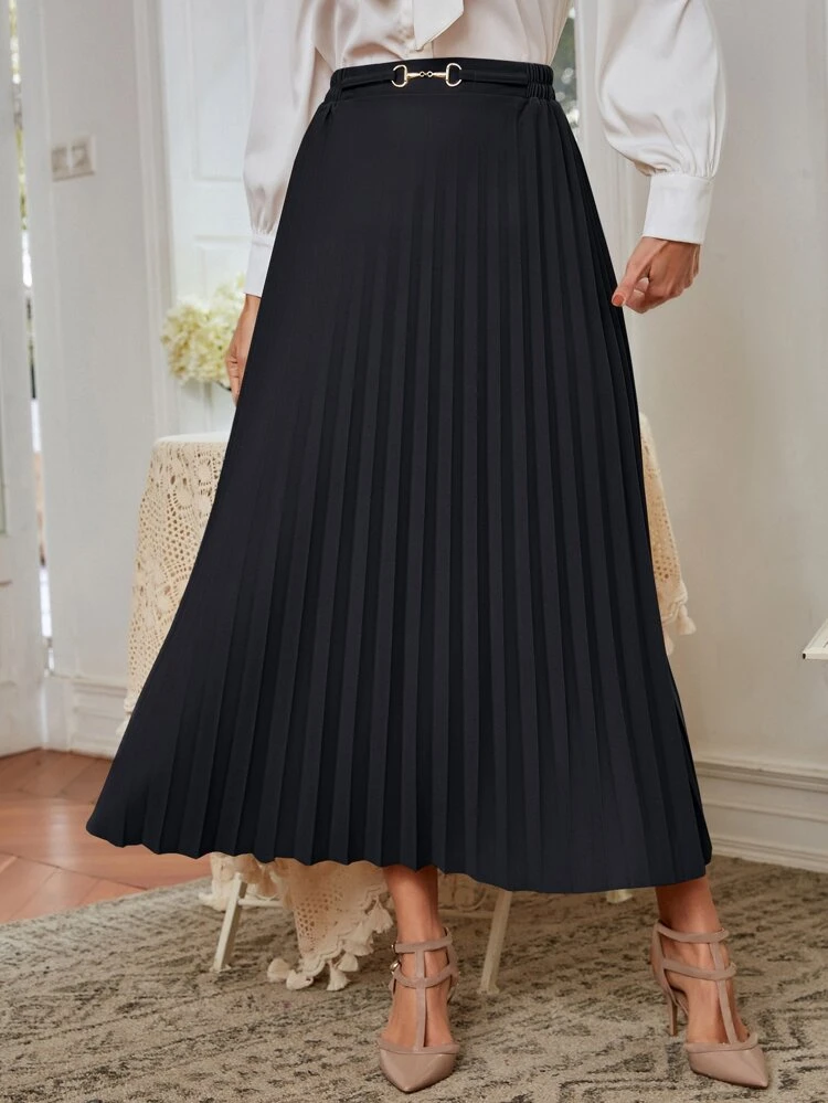 Elegant Metal Buckle Decor Pleated Skirt Fall