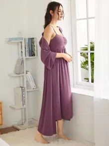 SHEIN Unity 素色睡袍和褶邊假鈕扣吊帶睡裙睡衣套裝 - 紫色 - 查看 2