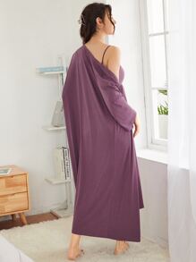 SHEIN Unity 素色睡袍和褶邊假鈕扣吊帶睡裙睡衣套裝 - 紫色 - 查看 3