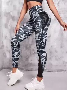 Mesh Insert Top-stitching Camo Print Sports Leggings With Phone Pocket