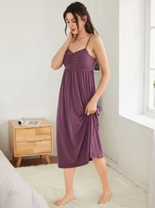 SHEIN Unity 素色睡袍和褶邊假鈕扣吊帶睡裙睡衣套裝 - 紫色 - 查看 4