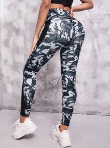 Mesh Insert Top-stitching Camo Print Sports Leggings With Phone Pocket