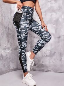 Mesh Insert Top-stitching Camo Print Sports Leggings With Phone Pocket