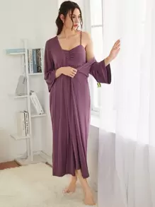SHEIN Unity 素色睡袍和褶邊假鈕扣吊帶睡裙睡衣套裝 - 紫色 - 查看 5