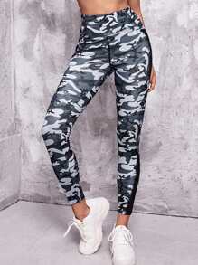 Mesh Insert Top-stitching Camo Print Sports Leggings With Phone Pocket