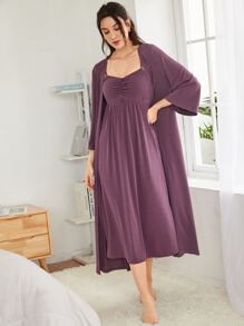 SHEIN Unity 素色睡袍和褶邊假鈕扣吊帶睡裙睡衣套裝 - 紫色 - 查看 1