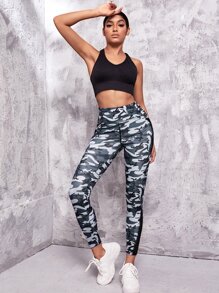 Mesh Insert Top-stitching Camo Print Sports Leggings With Phone Pocket