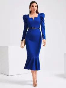 Modelyn 缺口領羊腿袖魚尾裙下擺不附腰帶洋裝