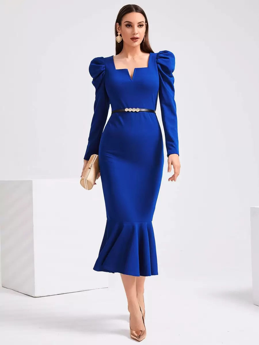 Modelyn 缺口領羊腿袖魚尾裙下擺不附腰帶洋裝