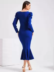 Modelyn 缺口領羊腿袖魚尾裙下擺不附腰帶洋裝