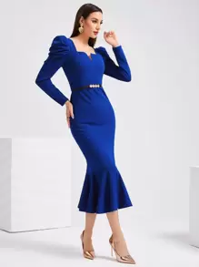 Modelyn 缺口領羊腿袖魚尾裙下擺不附腰帶洋裝