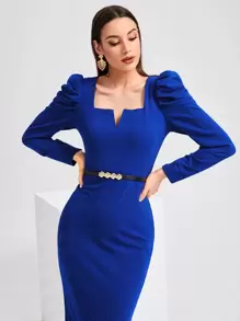 Modelyn 缺口領羊腿袖魚尾裙下擺不附腰帶洋裝