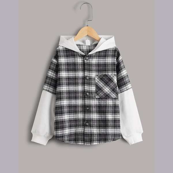 

Boys Plaid Button Through Pocket Front Contrast Sleeve Hooded Coat, Black and white