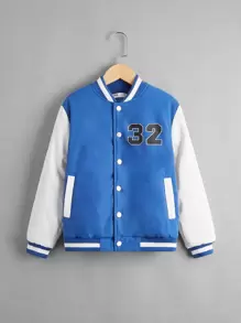 SHEIN Niños Cazadora de universidad con estampado de número de dos tonos - Azul y blanco - Ver 1