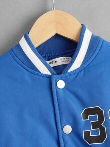 SHEIN Niños Cazadora de universidad con estampado de número de dos tonos - Azul y blanco - Ver 4