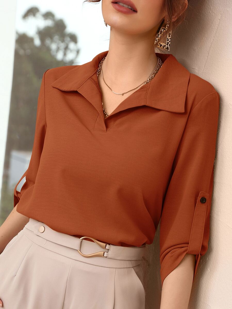 Mulvari Blusa de manga enrollable unicolor - Naranja - Ver 1