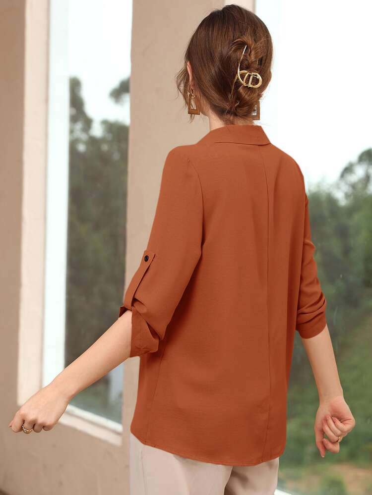 Mulvari Roll-up Sleeve Solid Blouse - Orange - View 2