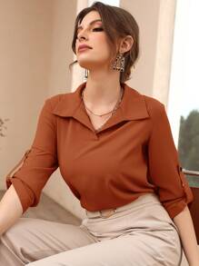 Mulvari Blusa de manga enrollable unicolor - Naranja - Ver 3
