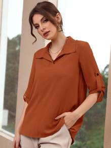 Mulvari Blusa de manga enrollable unicolor - Naranja - Ver 5