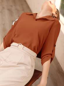 Mulvari Blusa de manga enrollable unicolor - Naranja - Ver 6