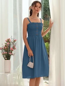 Mulvari 上身打攬褶邊吊帶連衣裙 - 霧霾藍 - 查看 4