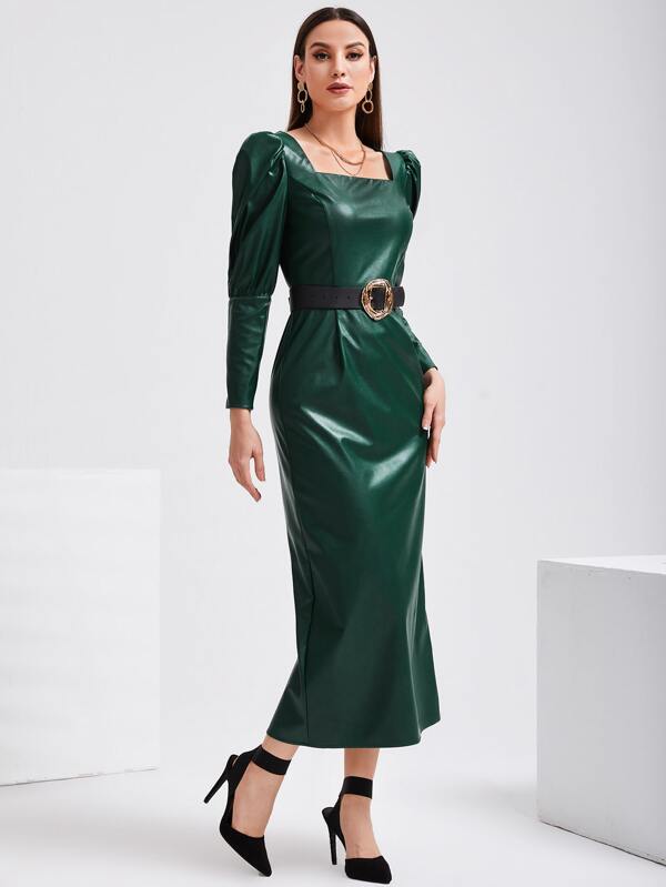Mulvari Square Neck Gigot Sleeve Split Back PU Leather Dress Without Belt