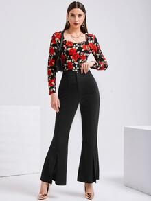 Modelyn High Waist Slit Hem Flare Leg Trousers - Black - View 3