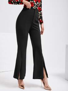 Modelyn High Waist Slit Hem Flare Leg Trousers - Black - View 5